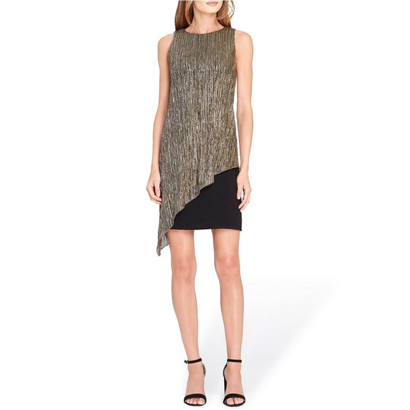 Tahari Metallic Overlay Sheath Dress - Black-Gold - Picture 1 of 2